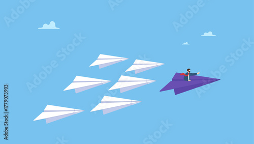 Confident businessman lead other paper airplane origami. Leadership to guide team direction lead to success, determination or decision to motivate team, power to control or influence people.