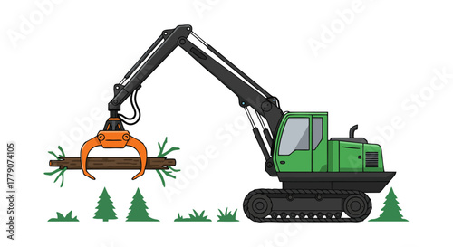 Green heavy duty forestry log loader machine with grapple claw holding a tree trunk.