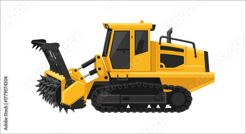 Industrial yellow tracked trencher machine for ground excavation.