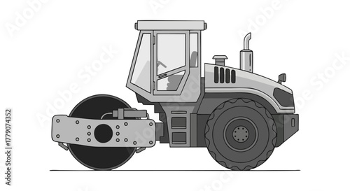 Monochrome illustration of a heavy road roller vehicle side view.