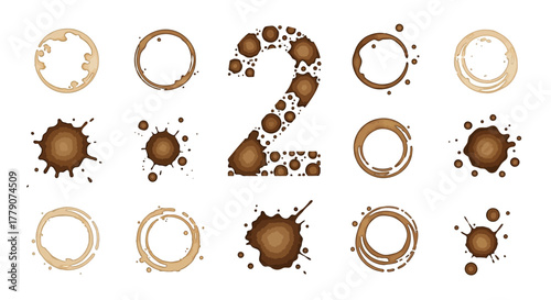 Collection of coffee stains and splatters arranged with number two made of splatters isolated
