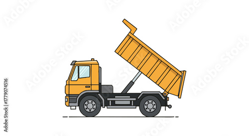 Yellow Dump Truck with Raised Bed for Material Discharge.