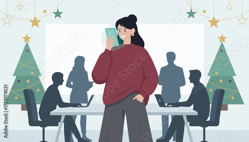Happy woman checks her phone in a decorated office blending work and holiday celebration