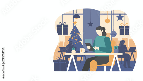 Worker uses tablet in Christmas office Holiday season business productivity illustration