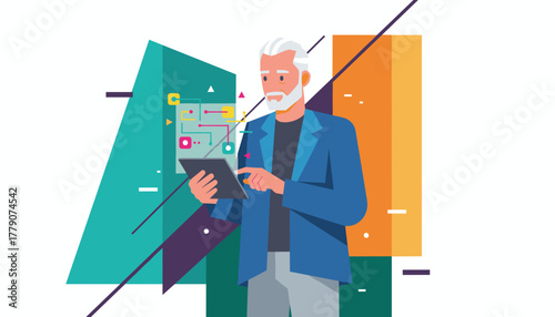Elderly man analyzing tech data flow on a tablet computer Modern business illustration