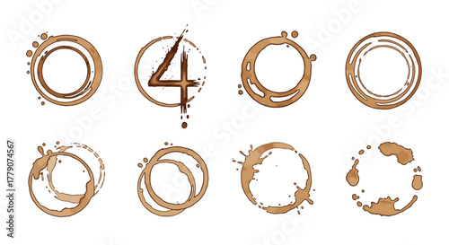 Collection of artistic coffee stain textures with diverse patterns on a pure white backdrop