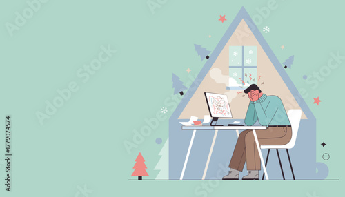 Man experiencing work burnout and stress at home during the winter season