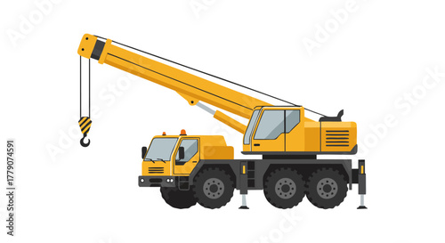 Yellow mobile crane with extended arm for heavy lifting operations.