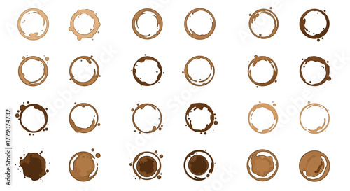 Diverse coffee stain rings and splatters collection on a clean white backdrop showcasing texture