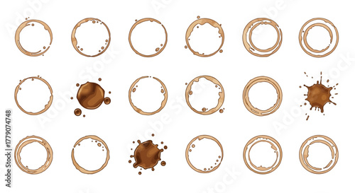 Aesthetic coffee stain collection featuring unique ring and splash patterns isolated over a white
