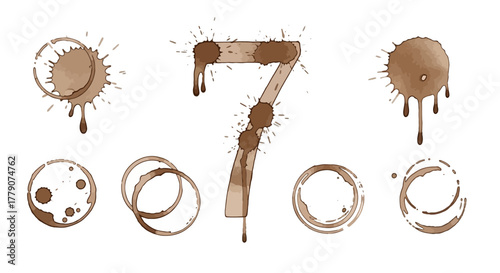 Number seven illustration made from coffee stains for creative designs and backgrounds