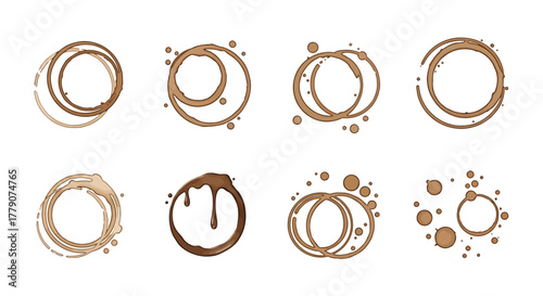 Isolated beverage stain circles on white backdrop providing artistic coffee ring elements