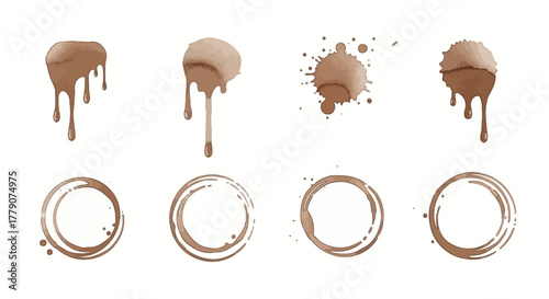Coffee Stain Collection: Artistic Watercolor Rings and Splatters on White Background