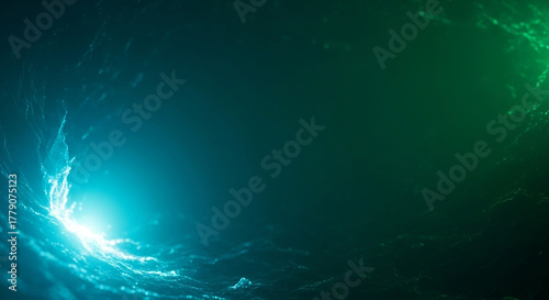Abstract swirling vortex of glowing turquoise and green energy, representing a cosmic phenomenon or digital data stream, with a bright light source on the left