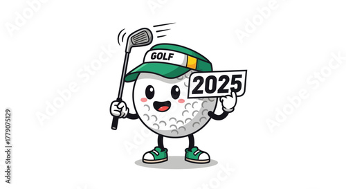 Cheerful Golf Ball Character Celebrating the Upcoming Year 2025 with Club and Green Visor