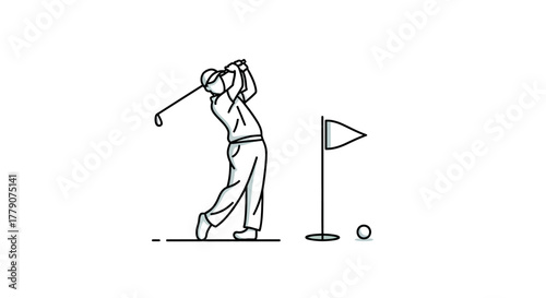 Illustrative depiction of a golfer swinging toward the flag on a pristine green course