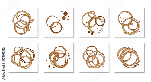 Coffee stain collection on white, a set of cup stains for backgrounds and designs, showcasing