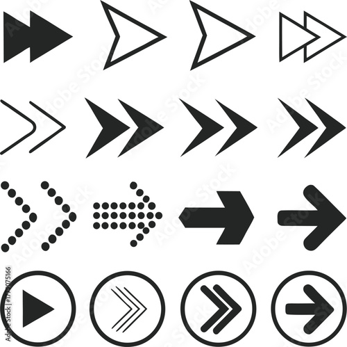 Set of black directional and functional icons representing movement, navigation, and play symbols on a white background