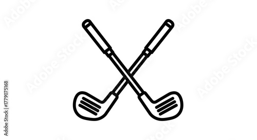 Line art illustration featuring two crossed golf clubs on a white background