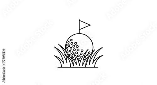 Simple golf course outline illustration with ball, flag and grass graphic icon