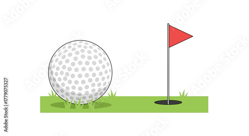 Golfing Illustration: A Pristine Ball on Green Turf Next to Flagged Hole Concept