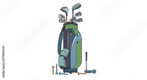 Vibrant cartoon illustration showcasing a complete golf set on a clean white surface