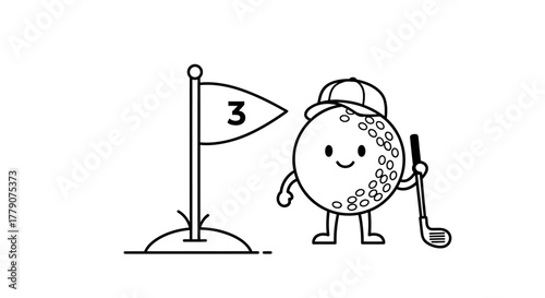 Whimsical golf scene with a cheerful golf ball character and flag number three emblem