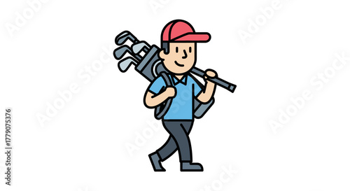 Cartoon golfer carrying golf bag with clubs isolated on white background illustration