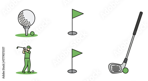 Stylized golf elements depicting golfing ball placement swing flags and iron clubs