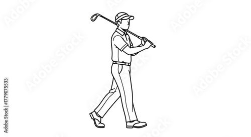 Line art illustration of a golfer walking with golf club resting on his shoulders