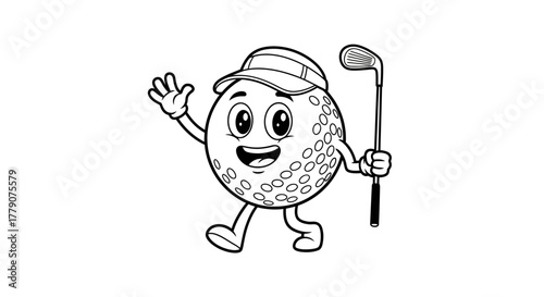 Charming golf ball character ready for a round with club and cap adding fun touch
