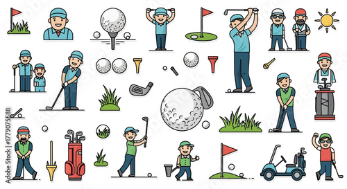 Delightful golf themed elements arranged in a vibrant collection conveying leisure and sports