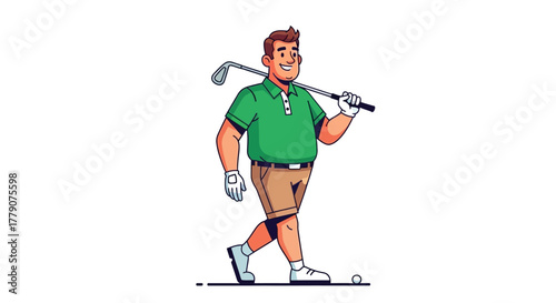 Cheerful golfer strides purposefully with club slung across shoulder a day on the links