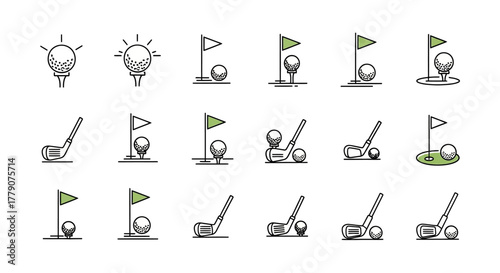 Collection of outlined golf related vector elements on an isolated white background