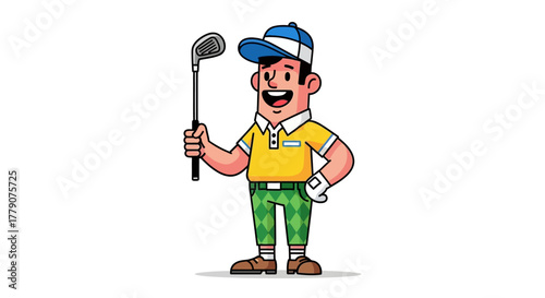 Cartoon golfer standing with club, cheerful expression on a bright white backdrop