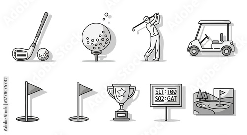 Vector illustration of golf elements with club, ball, golfer, cart and course accessories