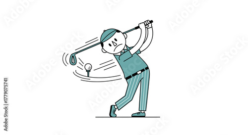 Cartoon character swinging golf club with frustrated facial expression after missing