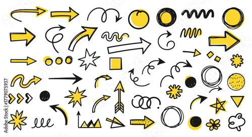 Collection of Hand-Drawn Design Elements: Arrows, Circles, and Shapes for Creative Projects