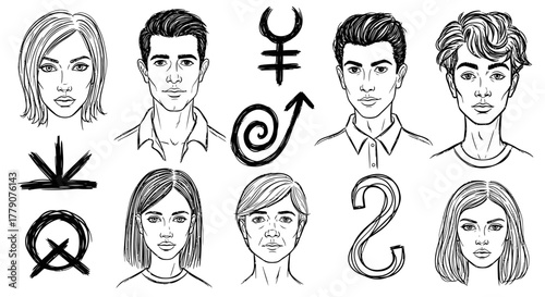 Stylized diverse portraits with geometric and symbolic elements in grayscale drawing style