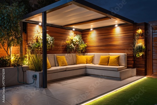 Fototapeta Naklejka Na Ścianę i Meble -  Illuminated outdoor living space with modern pergola and cozy seating.