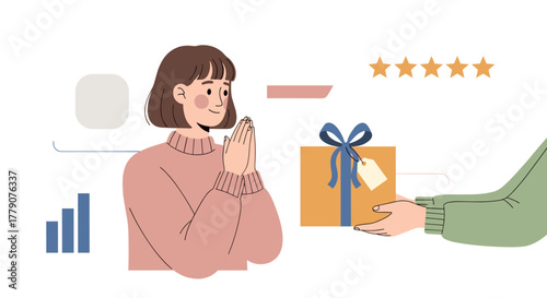 A cheerful woman receives a beautifully wrapped gift, symbolizing customer satisfaction and the positive impact of thoughtful presents and excellent service.