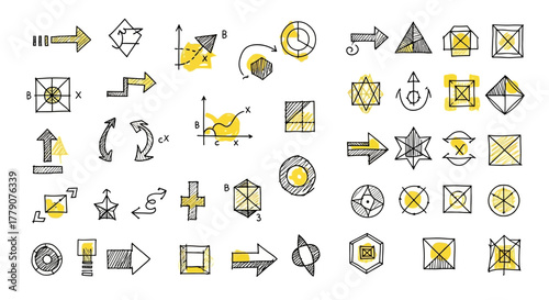 Assorted hand-drawn sketches of arrows, shapes, graphs and symbols on white background