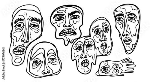 Abstract Black and White Drawing with Expressive Faces Depicting Various Emotions and Melted