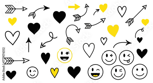 Playful doodle compilation featuring hearts, arrows, and smiley faces on a white backdrop
