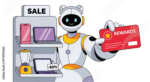 A cheerful robot offers a rewards card next to a shelf of sale items, promoting customer loyalty and discounts in a retail setting with modern technology.