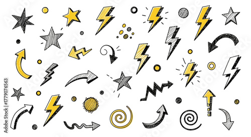 Energetic hand drawn doodles bursting with dynamic stars, bolts, and directional arrows for