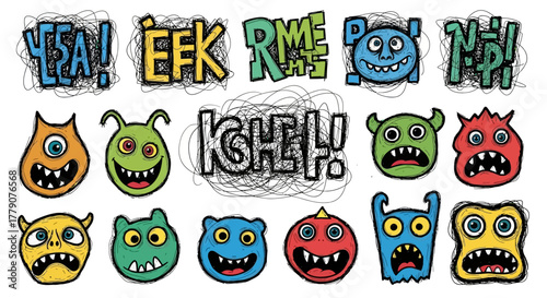 Cartoon Monster Expressions: Colorful and Whimsical Collection of Cute and Scary Faces