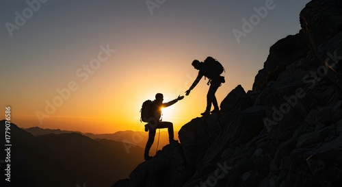 Reaching the Summit Together: A Helping Hand Silhouetted Against a Radiant Mountain Sunset.