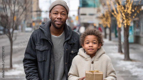 Fototapeta Naklejka Na Ścianę i Meble -  A homeless father and child walking through the city streets, with the child holding a small Christmas gift in their hands. As a result of winter's cold, harshness, warmth, holidays merge into one m