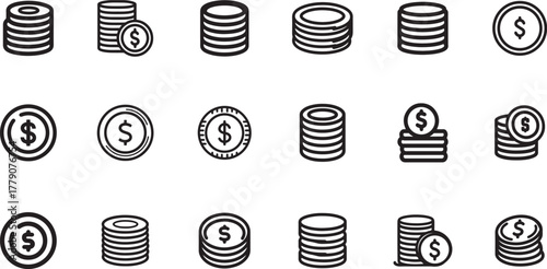 Collection of Various Coin Icon Designs Illustrating Wealth and Finance Concepts